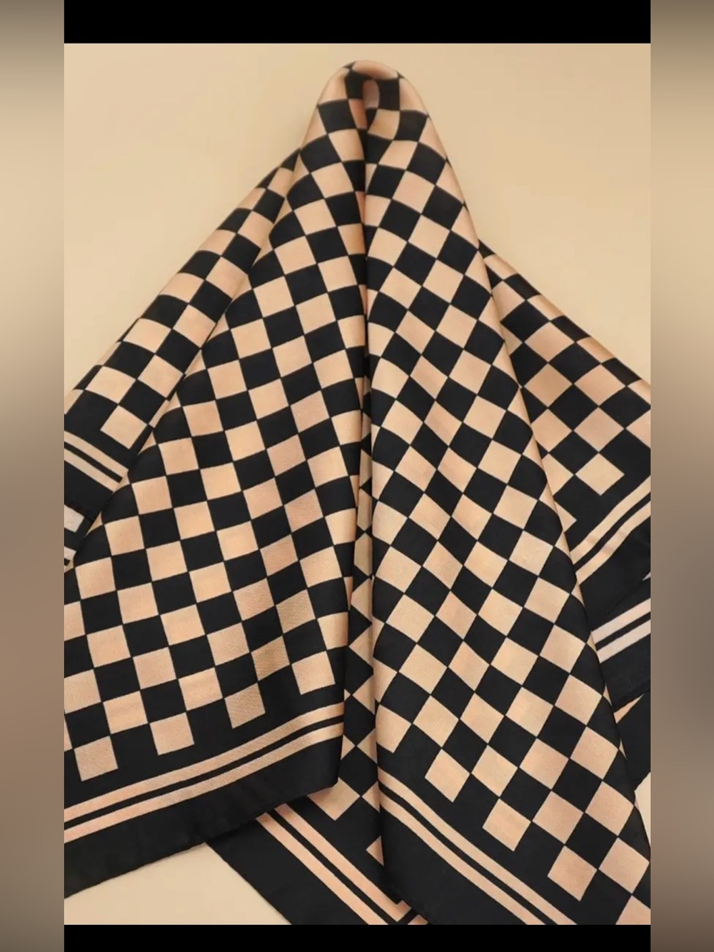 🖤 Checker Print Square Scarf | Black & Beige Silky Feel Bandana